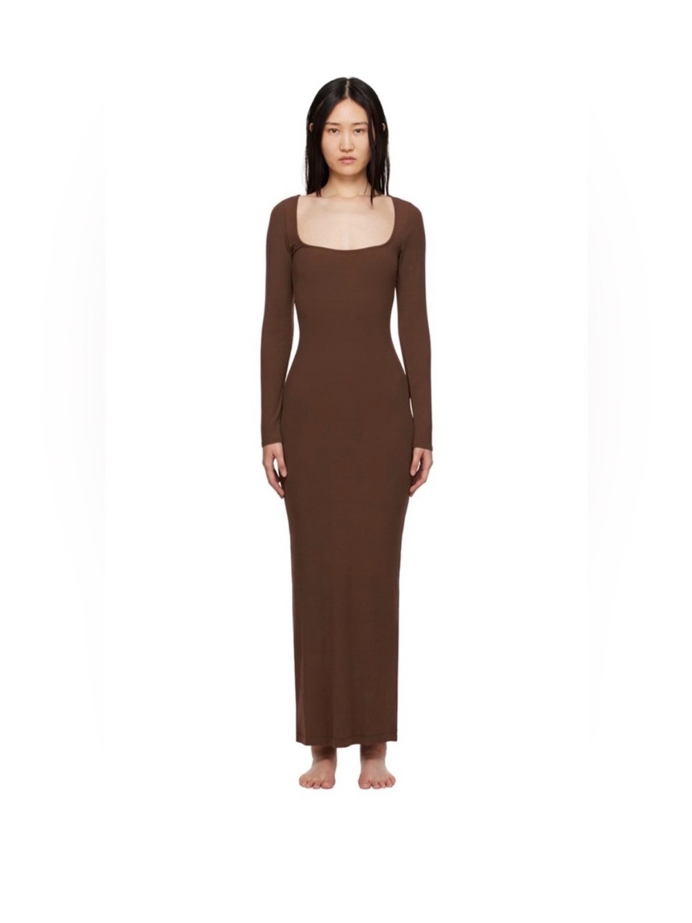 SKIMS Chocolate Scoop Neck Long Sleeve Maxi Dress